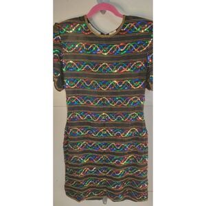 Night Vogue Vintage 100% Silk Sequin Mini Dress Black Multicolor Beaded Size L‎